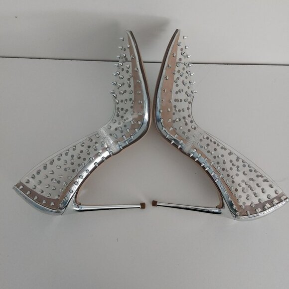 Steve Madden Pumps Silver Spiky Studs 8 Clear Pointy Toe Rock Glam VALA EUC - Picture 10 of 12